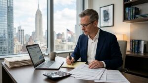 Investor reviewing financial documents and tax planning strategies on a laptop.