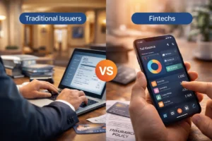 Comparison between traditional issuers and fintech apps showing laptop banking interface and smartphone financial app for credit card management