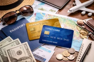 Travel benefits credit cards placed next to passport, map, sunglasses, and travel items on a desk, illustrating credit card perks used for travel planning and rewards.