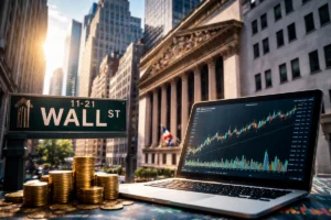U.S. stock market scene with laptop displaying financial charts and coins in front of Wall Street buildings in New York