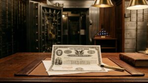 U.S. Treasury bond certificate displayed on a desk in a secure bank vault.