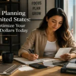 Woman organizing expenses and reviewing receipts in a modern home office while planning a budget in dollars and managing personal finances in the United States.