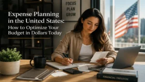 Woman organizing expenses and reviewing receipts in a modern home office while planning a budget in dollars and managing personal finances in the United States.