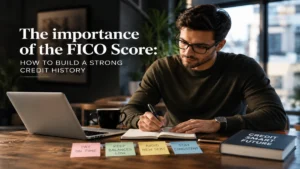 Young professional building a strong credit history while reviewing personal finances at a modern workspace, illustrating the importance of the FICO Score in a realistic financial planning environment.