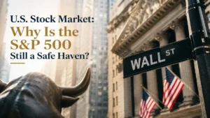 Premium editorial image of Wall Street in New York featuring the iconic bull sculpture, American flags, and financial district architecture. Conceptual representation of the U.S. stock market and the S&P 500 as a safe haven investment, highlighting market stability, long-term wealth building, economic resilience, diversified investing, and financial confidence in a modern cinematic style.